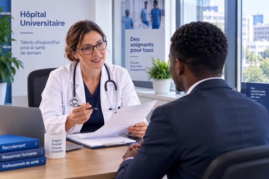 Entretien de recrutement en établissement hospitalier entre une médecin cheffe de service et un candidat soignant